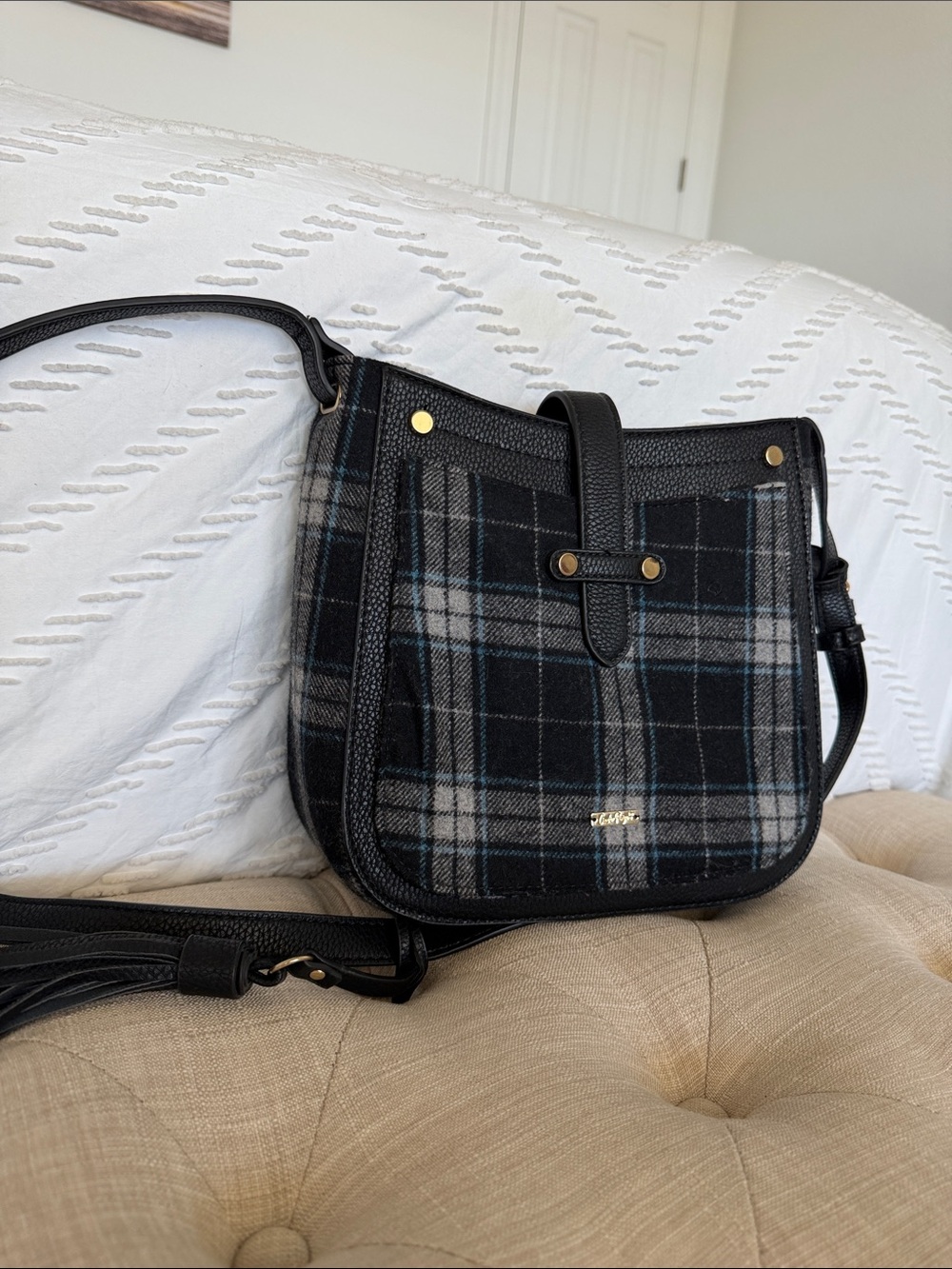 Charlie Paige Black Plaid Crossbody Bag with Blue Accents